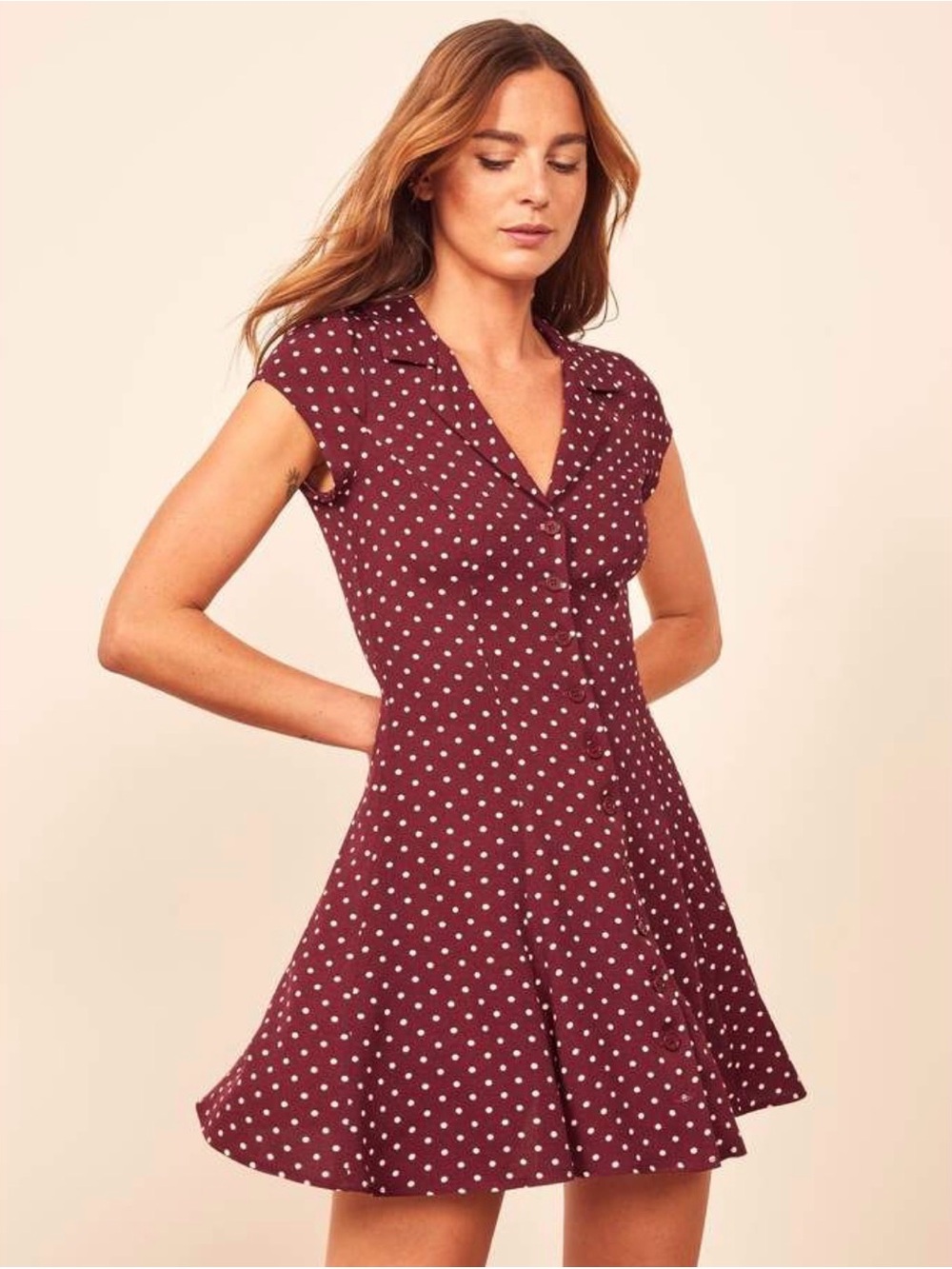Reformation Burgundy Polka Dot Button-Front Mini Dress